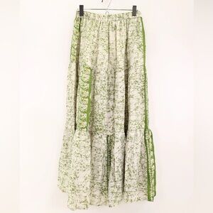 Light Green & White Printed Tiered Maxi Skirt